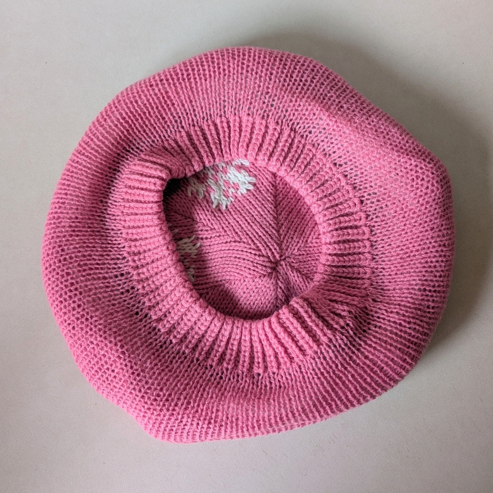 80s Vintage Knit Beret Fair Isle Winter Hat Pink White Flower Beanie Cap Tam - Picture 10 of 16